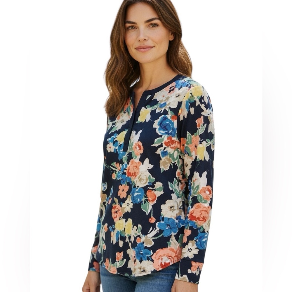 RALPH LAUREN FLORAL BLUE WHITE SNAP FRONT LONG SLEEVE TOP S